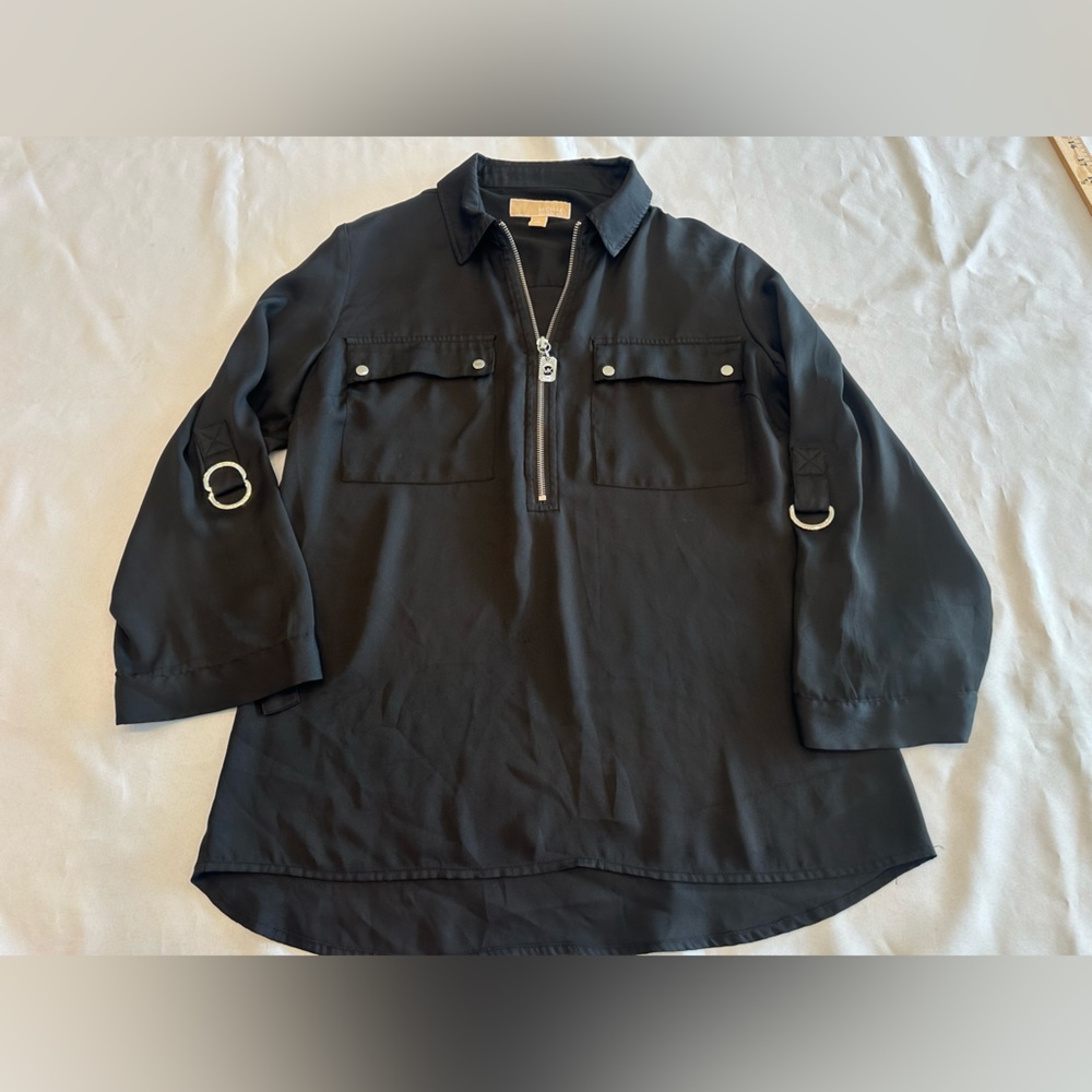 Michael Kors Black Zip-Up Blouse with Silver MK Accents Size Medium